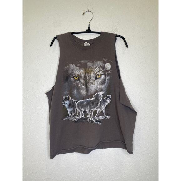 Gray Wolf Graphic Print Hipster Cut Off Tank Top Sz Lg Cotton Crew Neck - Picture 1 of 13